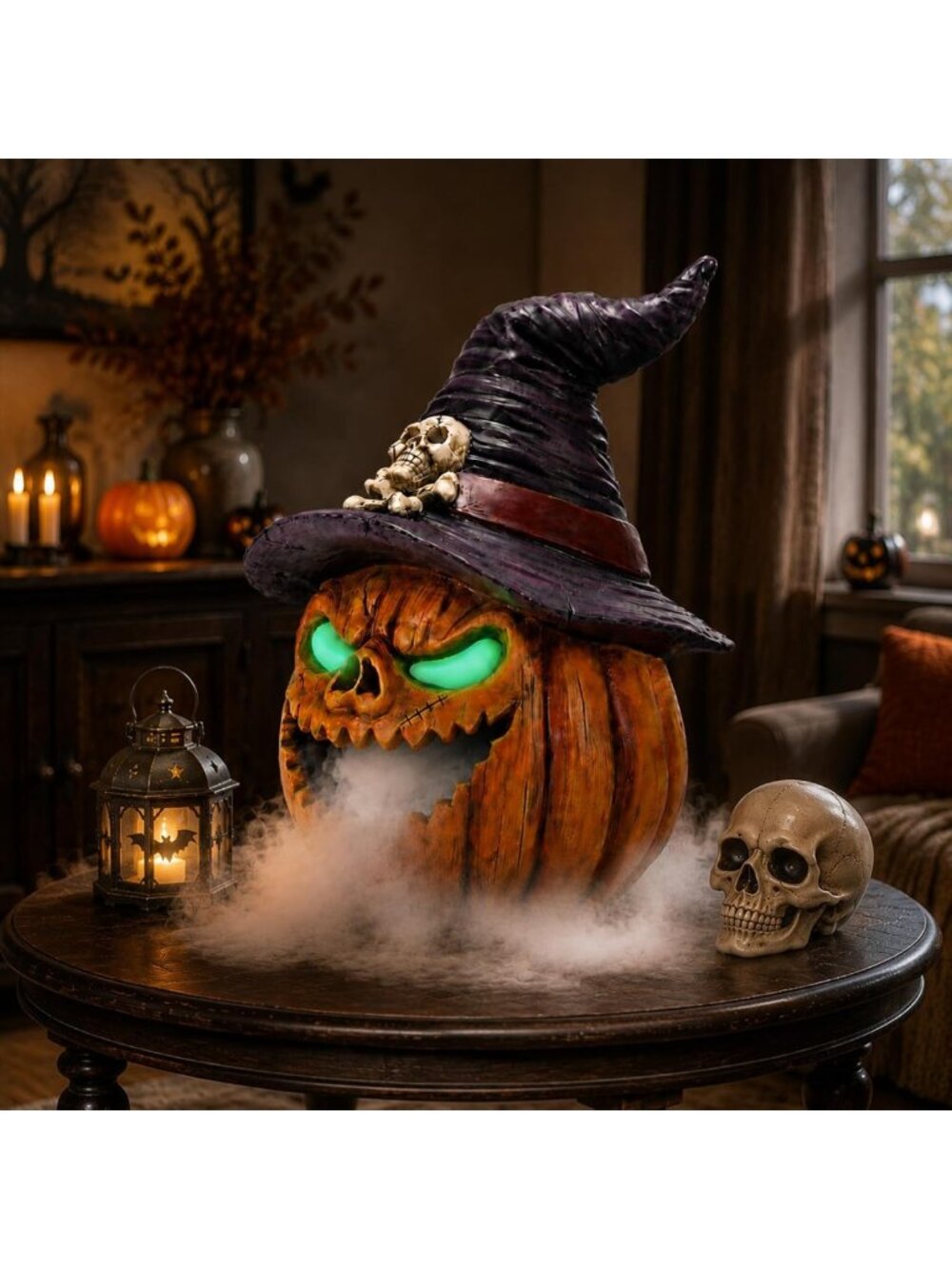 13-Inch Fogging Jack-O-Lantern with Witch Hat - Spooky Halloween Decor